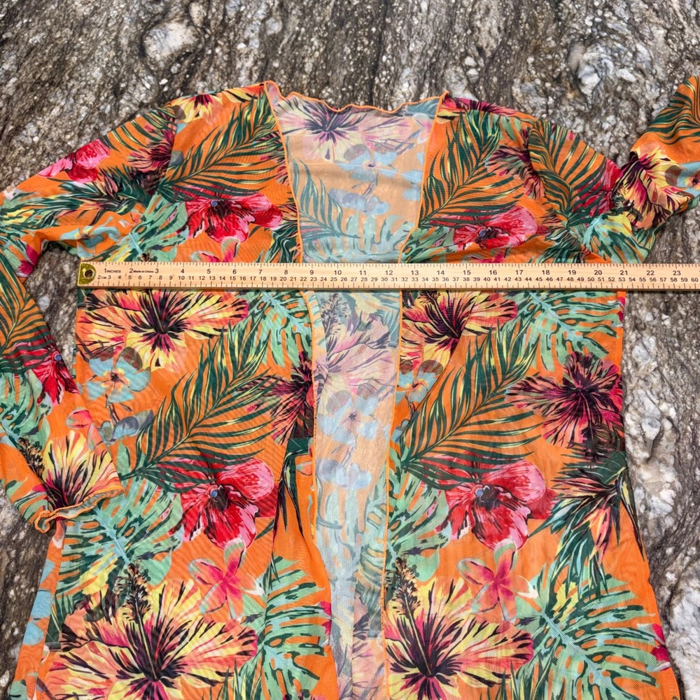 Tropical‎ Floral Mesh Beach Swim Cover Up Cardigan Womens Large Orange Unbranded - Picture 3 of 6